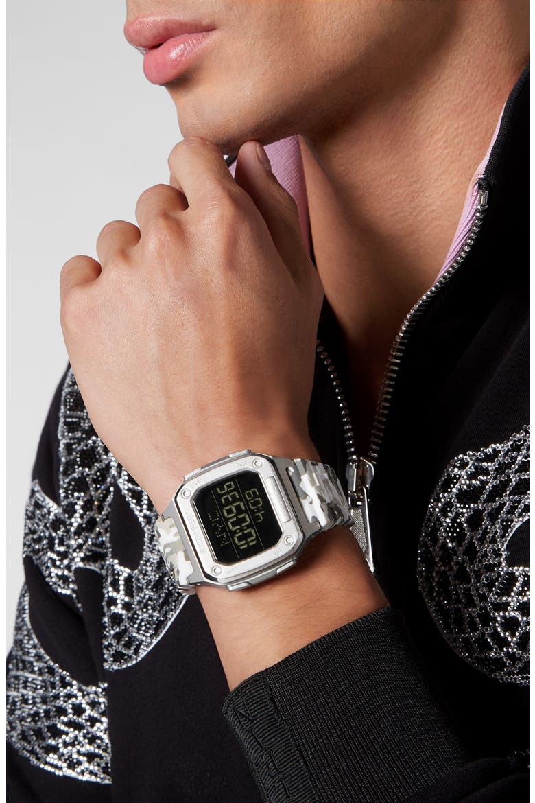 Hyper $hock Square Silicone Strap Watch, 44mm, Alternate, color, STAINLESS STEEL