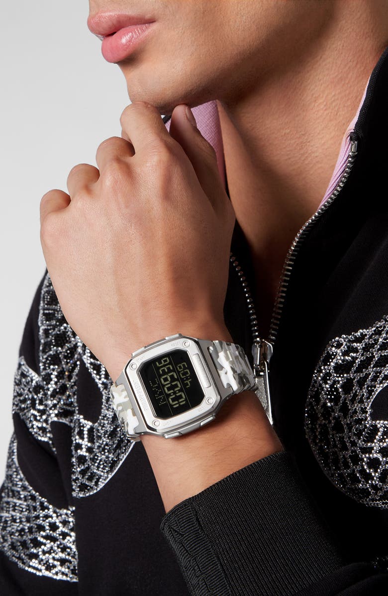 PHILIPP PLEIN Hyper $hock Square Silicone Strap Watch, 44mm, Alternate, color, Stainless Steel