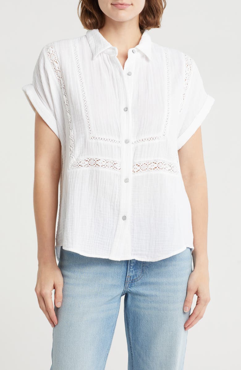 Lucky Brand Inset Lace Short Sleeve Button-Up Shirt, Main, color, 