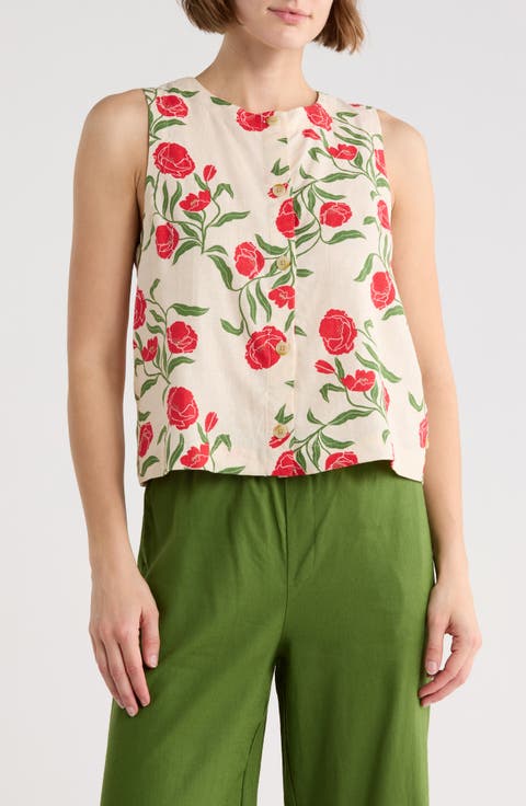 Sleeveless Linen Blend Button-Up Shirt