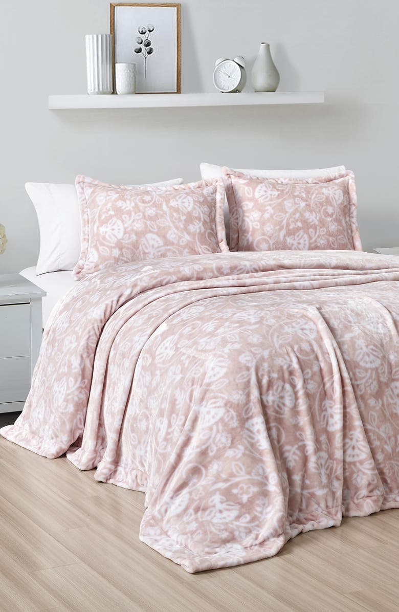 Luxury Home Floral Fleece Blanket 3-Piece Set, Alternate, color, Blush Pink