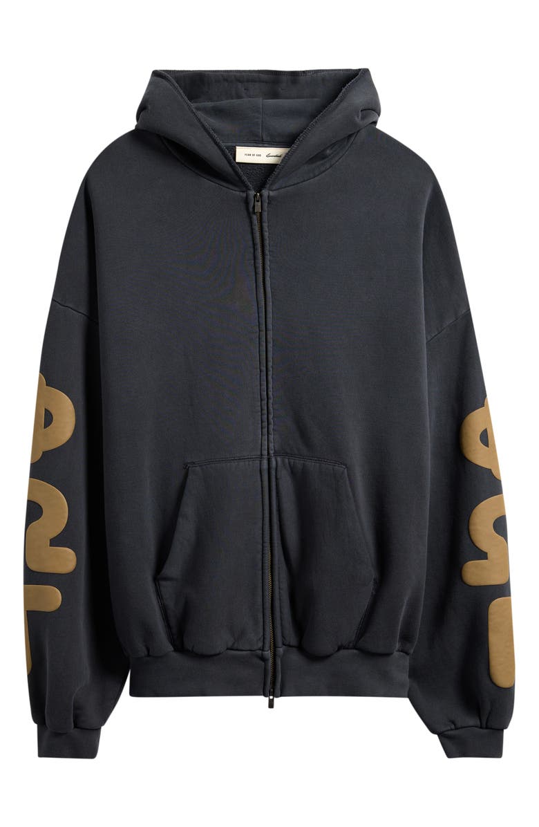 Fear of God Essentials 90s Graphic Washed Zip Front Cotton Hoodie, Alternate, color, Washed Iron Grey