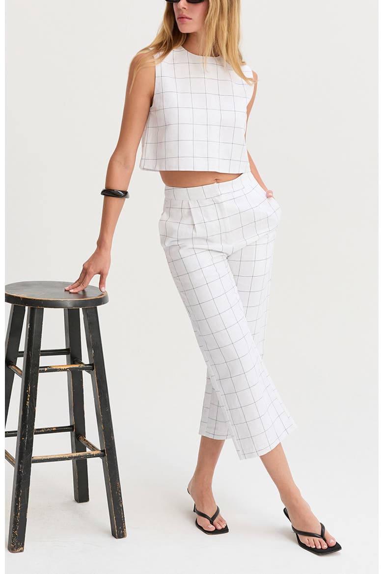 Windowpane Straight Leg Linen Culottes, Alternate, color, White