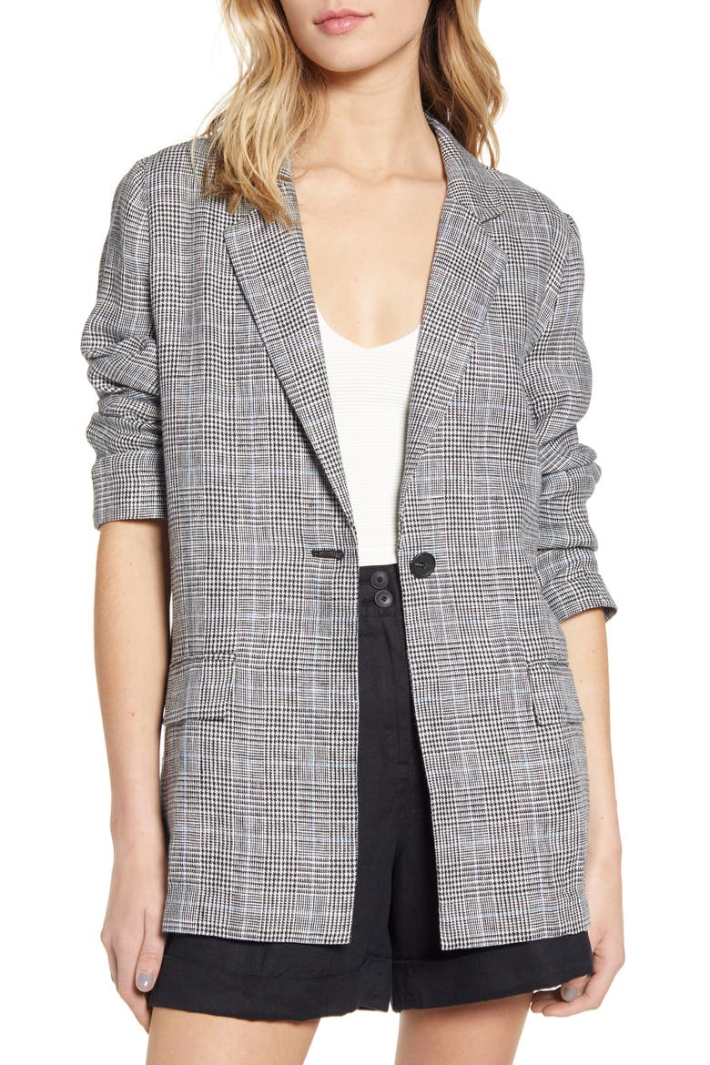 Single Button Linen Blazer, Main, color, BLACK- WHITE GRETCHEN PLAID