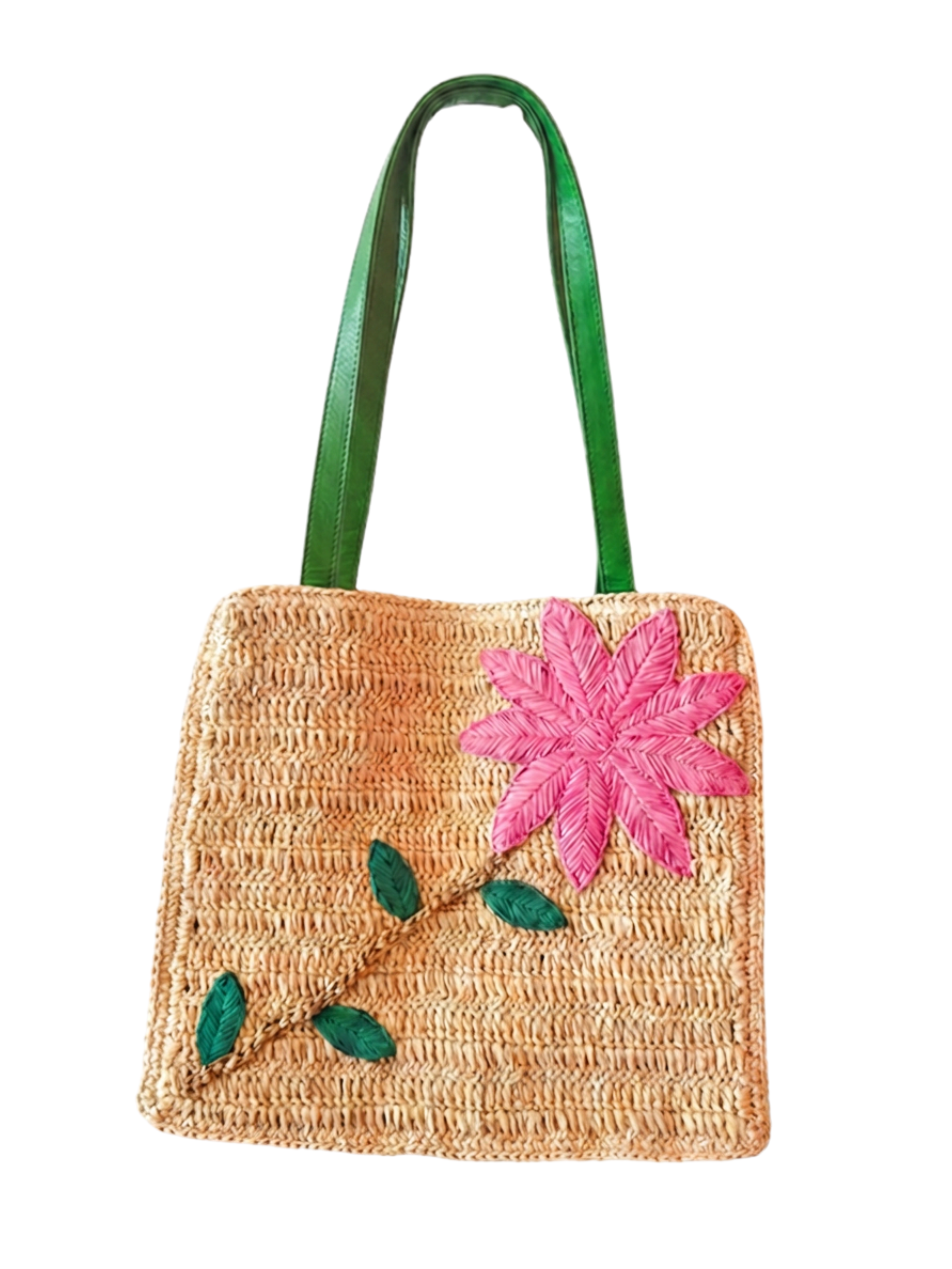 Cornelia Raffia and Leather Handwoven Shoulder Tote, Main, color, Pink/Green