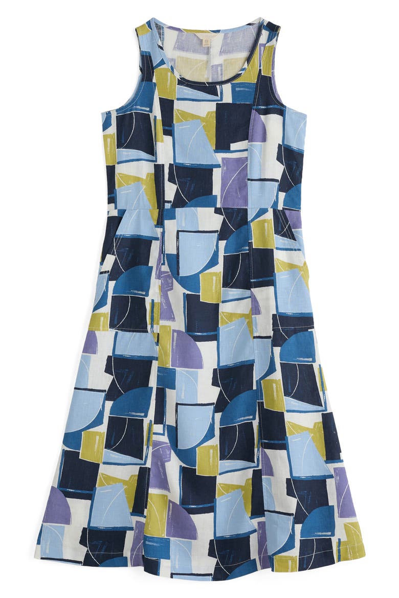 Grass Wave Print Sleeveless Linen Midi Dress, Alternate, color, BLOCK SHAPES BILBERRY