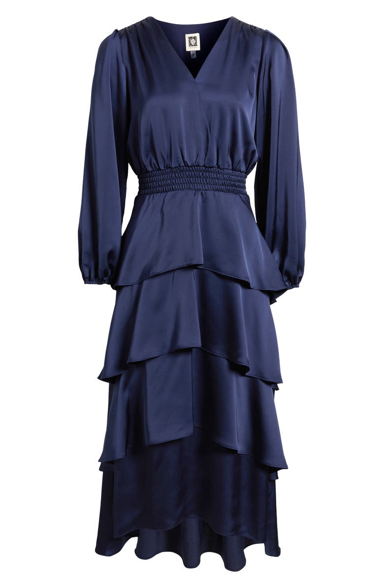 Anne Klein Long Sleeve Tiered High-Low Satin Dress, Alternate, color, Distant Mountain