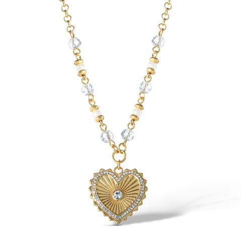 Heart Necklace with Clear Crystal Embellishments, 16" + 2"