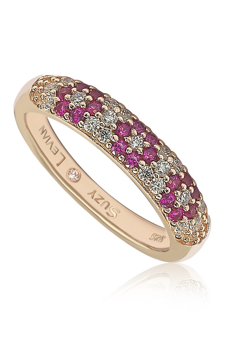 Rose-Tone Plated Sterling Silver Pave CZ Flower Band Ring, Main, color, RED