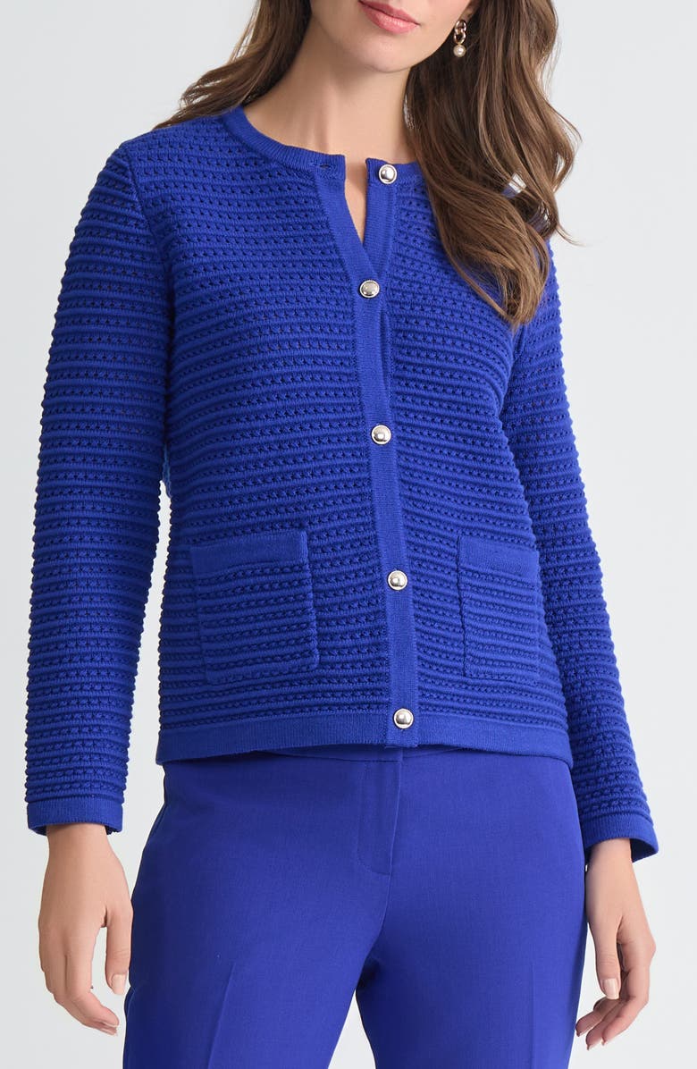 KASPER Pointelle Stitch Button-Up Cardigan, Main, color, Royal Signature