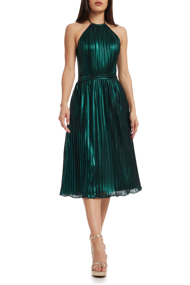 Hannah Pleated Metallic Halter Dress, Main, color, DEEP EMERALD