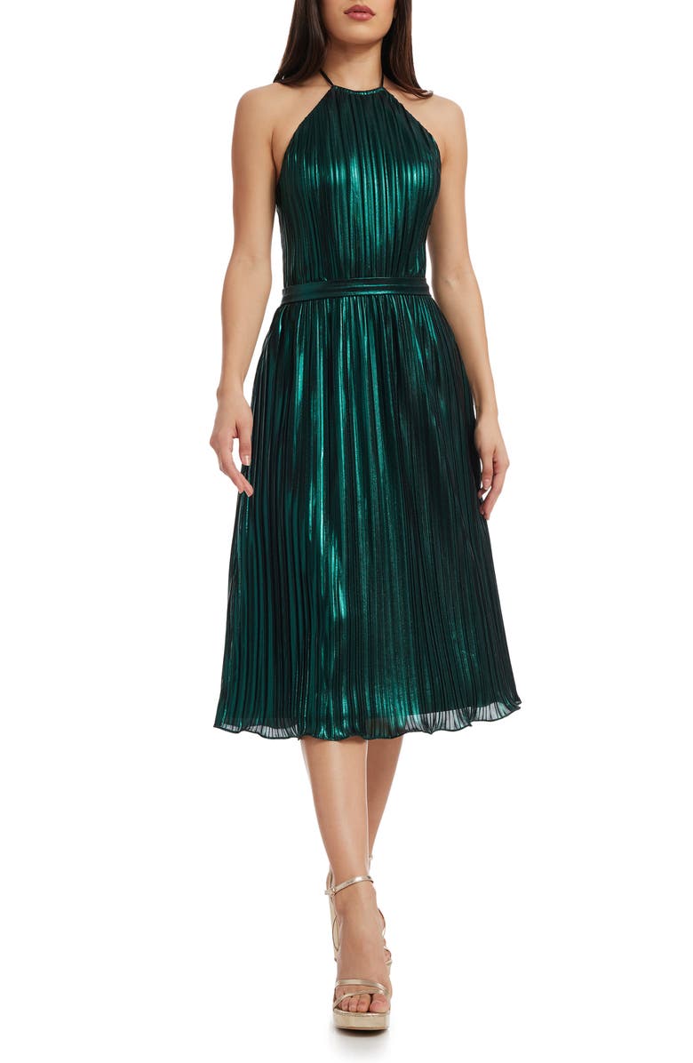 Dress the Population Hannah Pleated Metallic Halter Dress, Main, color, Deep Emerald