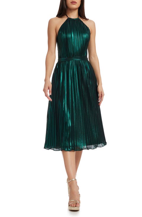 Hannah Pleated Metallic Halter Dress