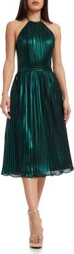 Dress the Population Hannah Pleated Metallic Halter Dress