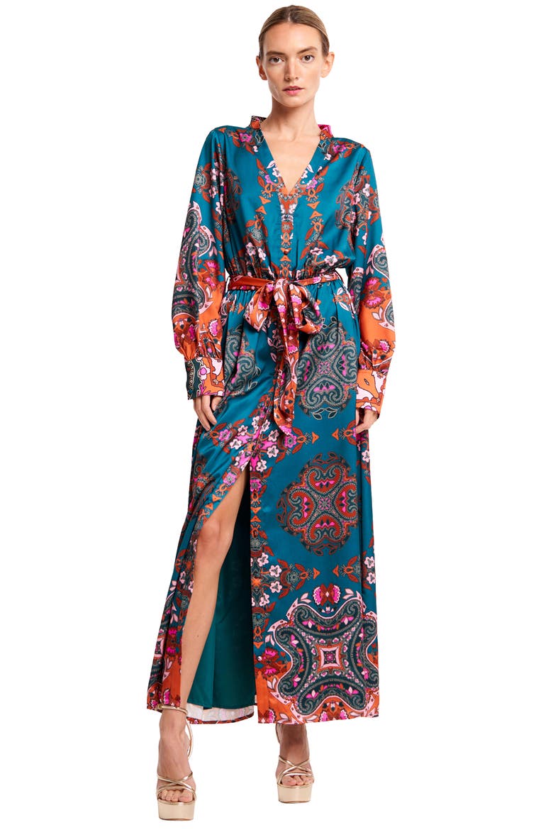 Nora Print Long Sleeve Maxi Shirtdress, Alternate, color, GREEN MULTI