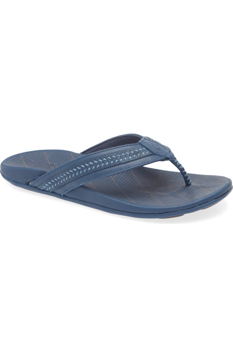 OluKai Aho Leather Flip Flop, Main, color, Coastal Blue / Coastal Blue