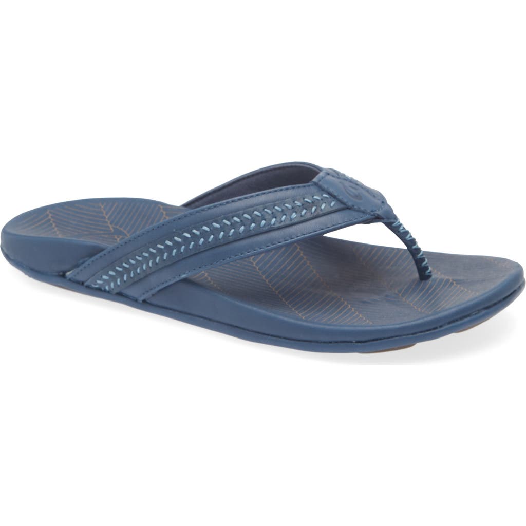 Olukai Aho Leather Flip Flop In Blue