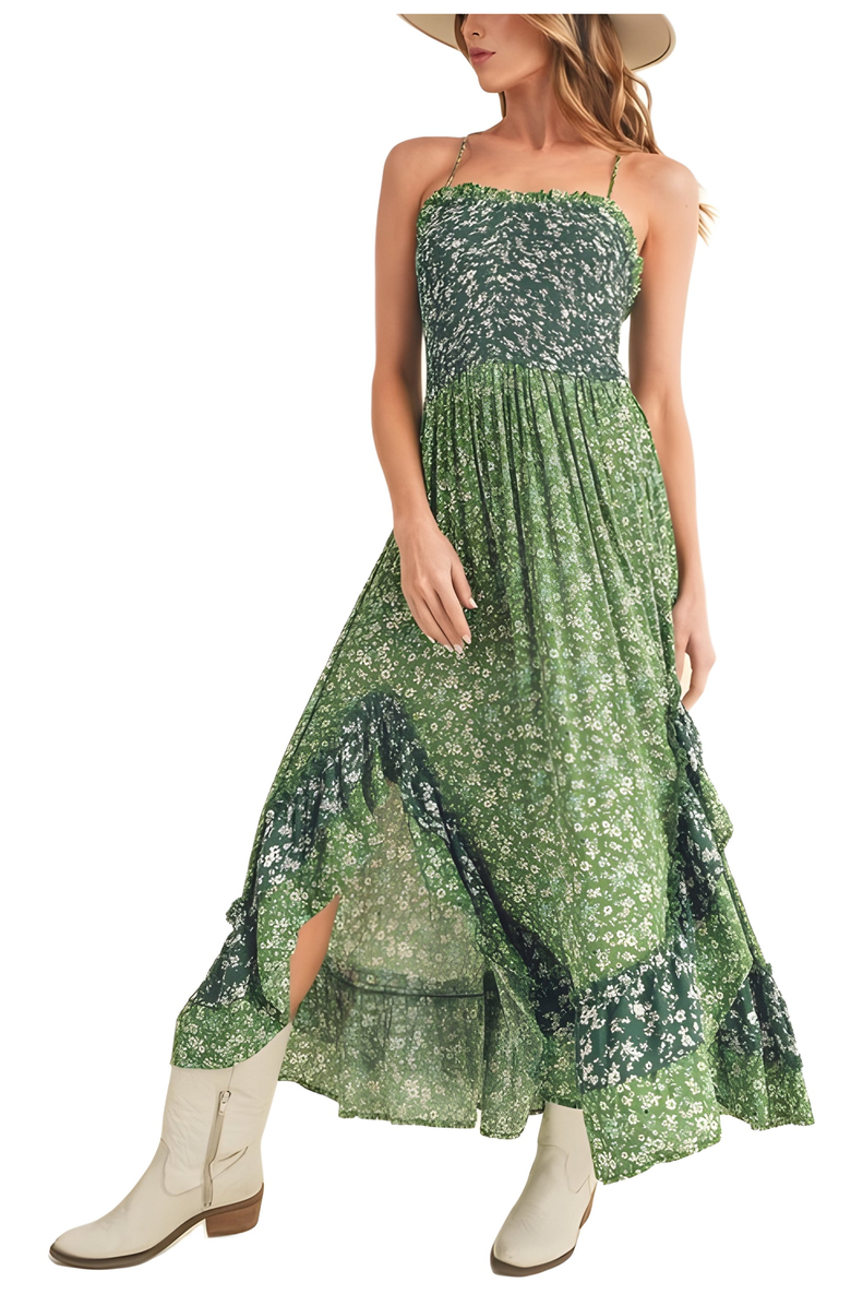 Knit and Lounge Floral Tiered Maxi Dress with Spaghetti Straps, Alternate, color, Green Floral