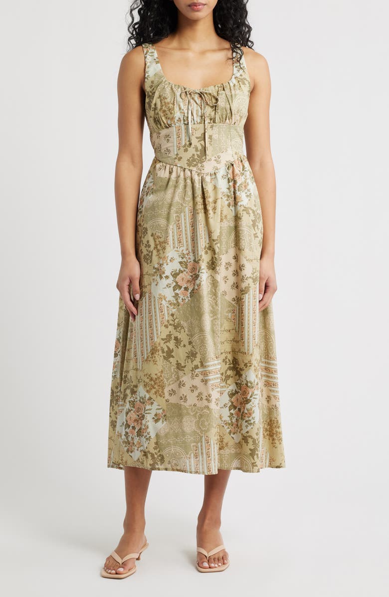 Blu Pepper Milkmaid Print Sleeveless Maxi Dress, Main, color, Olive