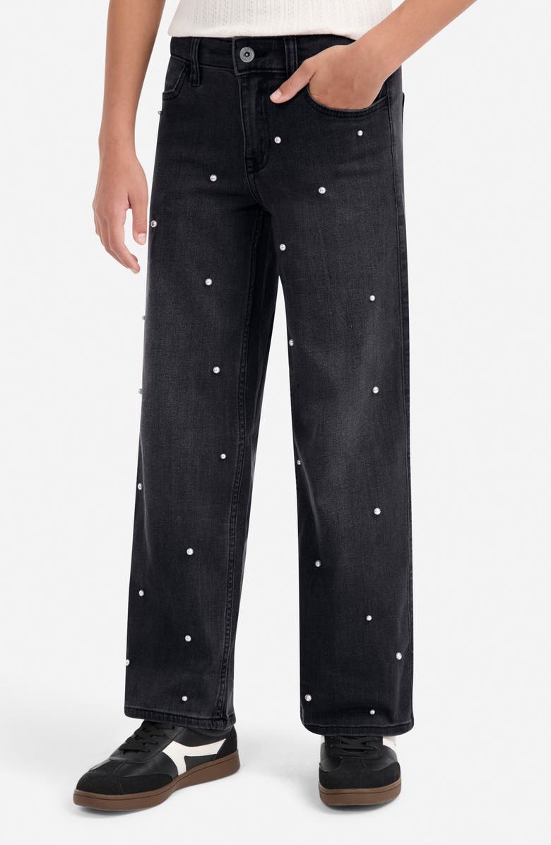 abercrombie kids Kids' Faux Pearl Embellished Wide Leg Jeans, Alternate, color, Stormy Night