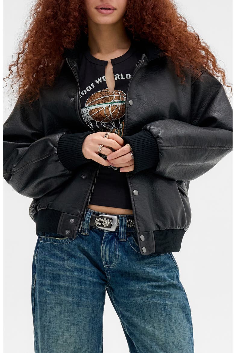 Leon Faux Leather Bomber Jacket, Main, color, BLACK