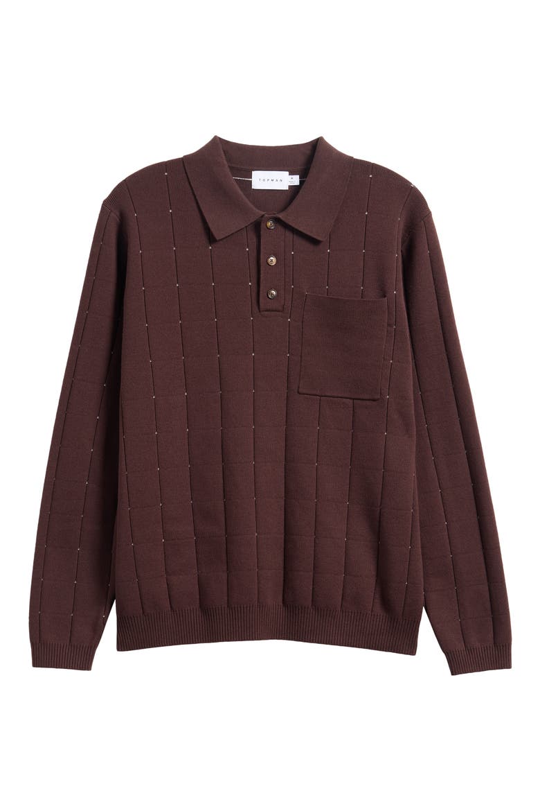 Pointelle Long Sleeve Polo, Alternate, color, BROWN