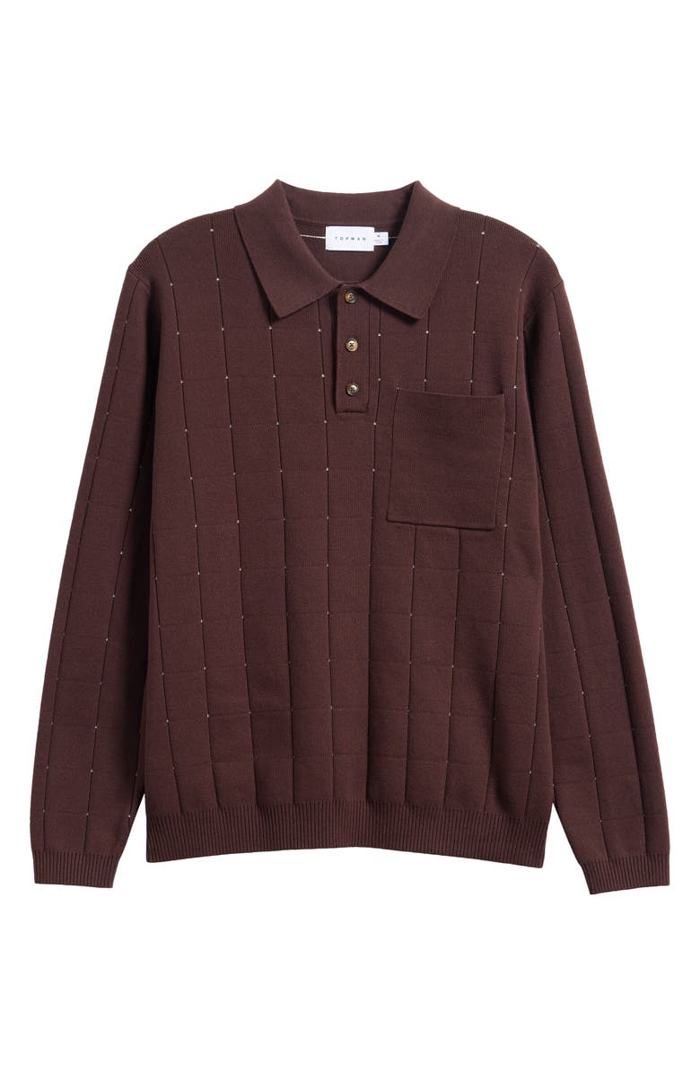 Topman Pointelle Long Sleeve Polo, Main, color, Brown