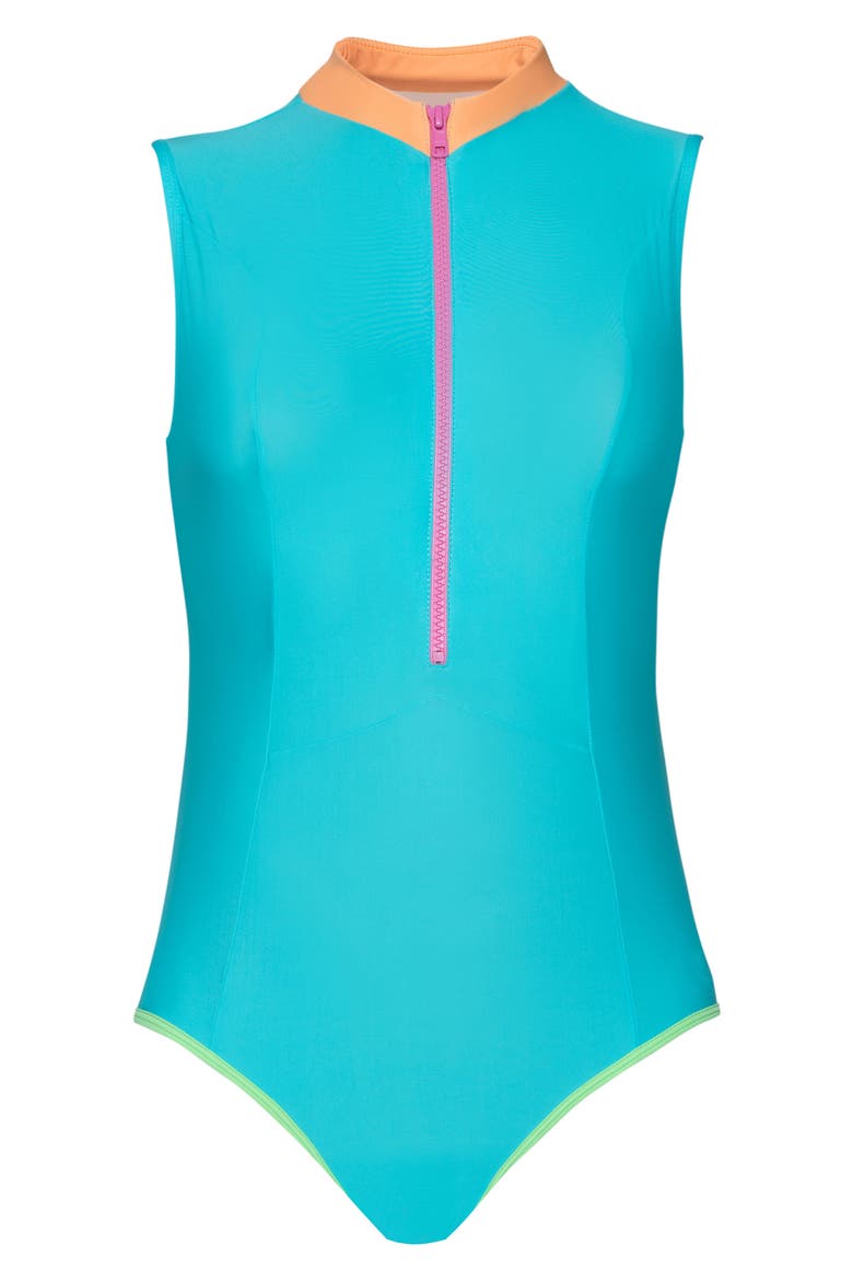Kids' Zip One-Piece Swimsuit, Main, color, TURQUOISE