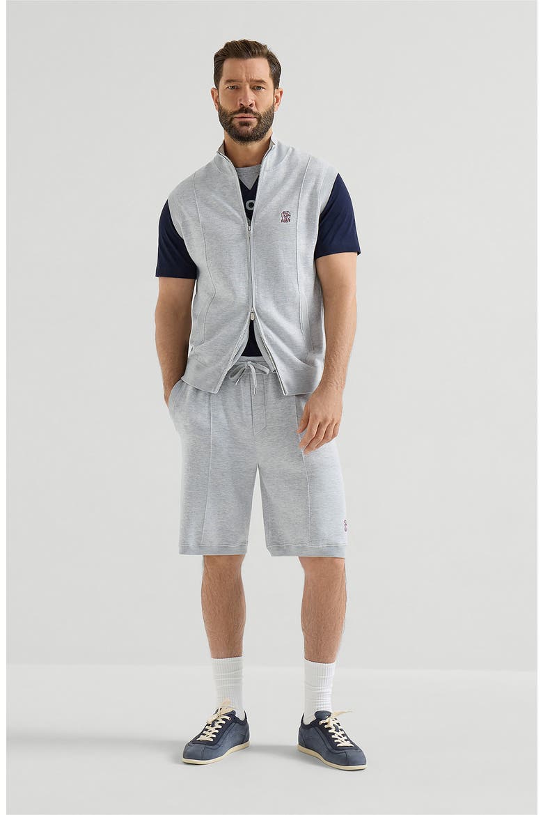 Cotton and silk French terry double knit Bermuda shorts with logo, Alternate, color, Pebble