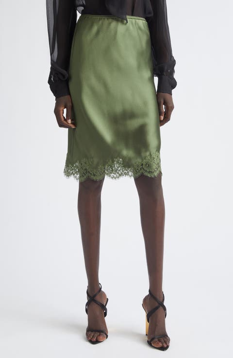 Lace Trim Silk Satin Skirt