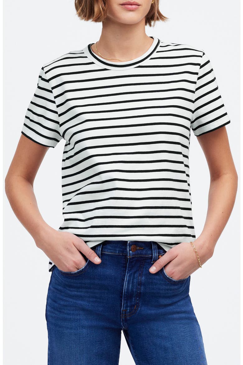Perfect Stripe Cotton Crewneck T-Shirt, Main, color, BLACK & WHITE STRIPE