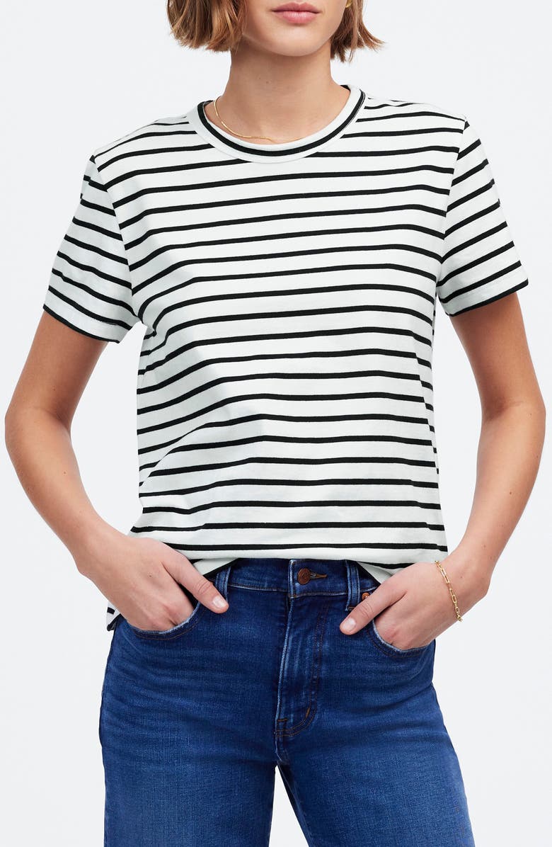 Madewell Perfect Stripe Cotton Crewneck T-Shirt, Main, color, Black & White Stripe