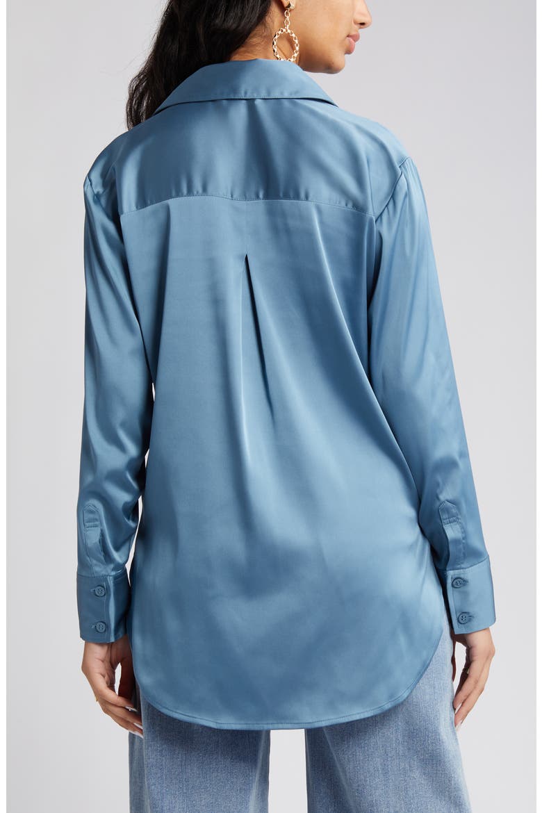 Satin Button-Up Shirt, Alternate, color, BLUE STONE