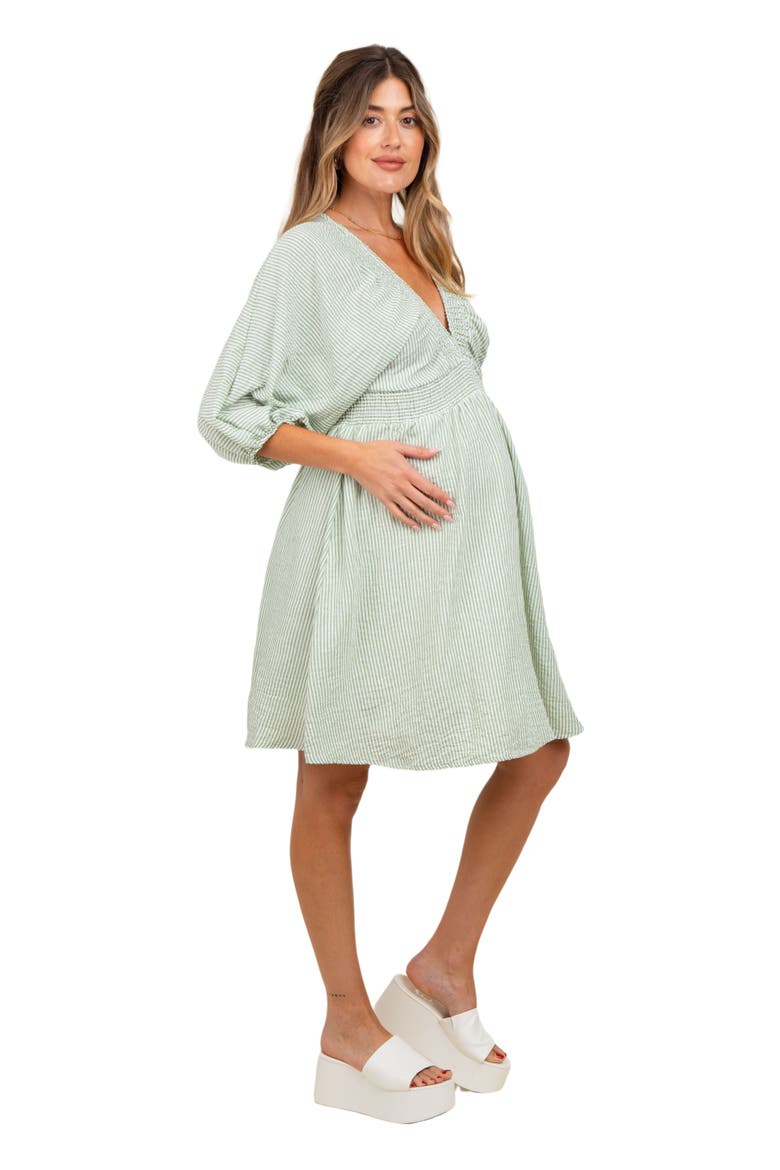 Striped Balloon Sleeve V-Neck Dress, Alternate, color, Light Olive