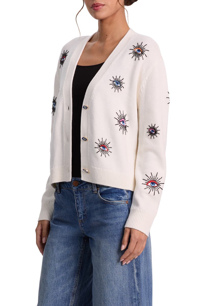 Alice + Olivia Bradley Embellished Stretch Wool Cardigan, Alternate, color, Ecru Multi