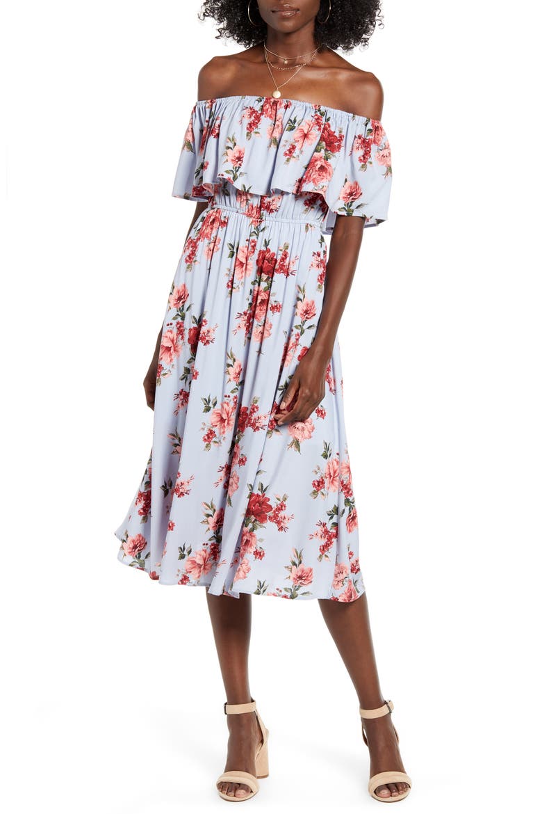 Off the Shoulder Popover Midi Dress, Main, color, BLUE DRIFT LARGE FLORAL