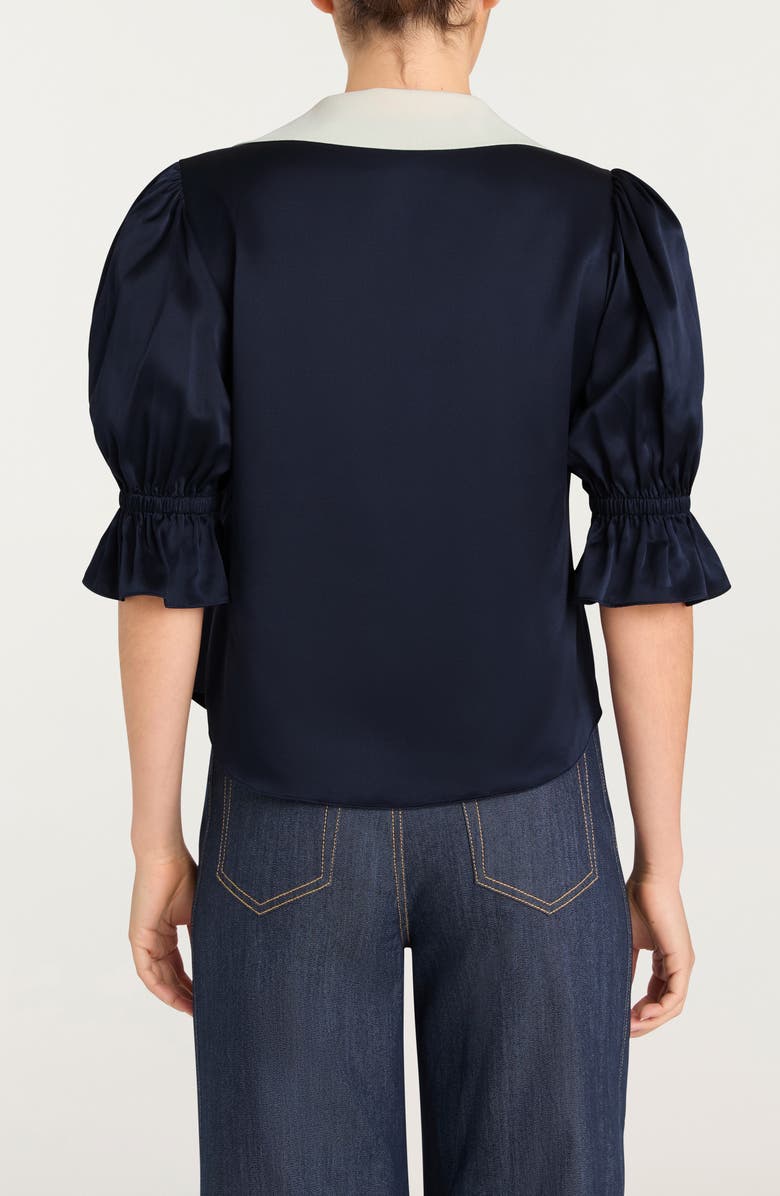 Cinq à Sept Freida Silk Johnny Collar Top, Alternate, color, Navy/ Ivory