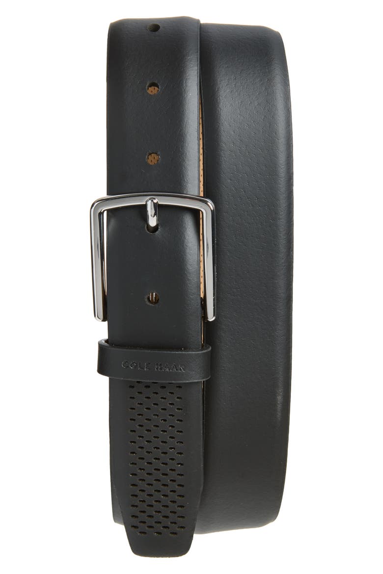 Perforated Leather Belt, Main, color, BLACK