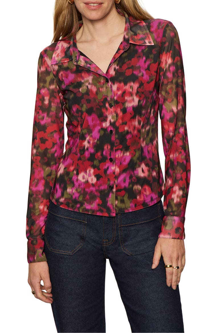 Mesh Button-Down Shirt, Main, color, BERRY GLOW RED