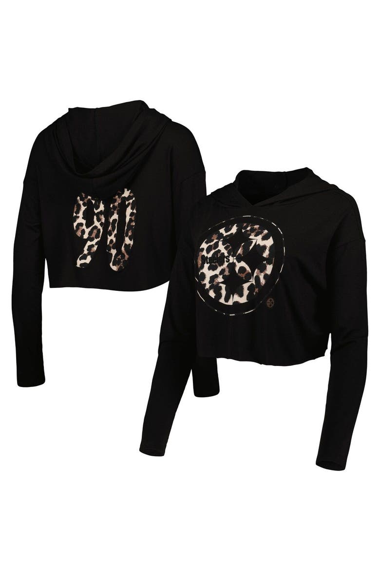 Women's Majestic Threads T.J. Watt Black Pittsburgh Steelers Leopard Player Name & Number Long Sleeve Cropped Hoodie, Main, color, Black