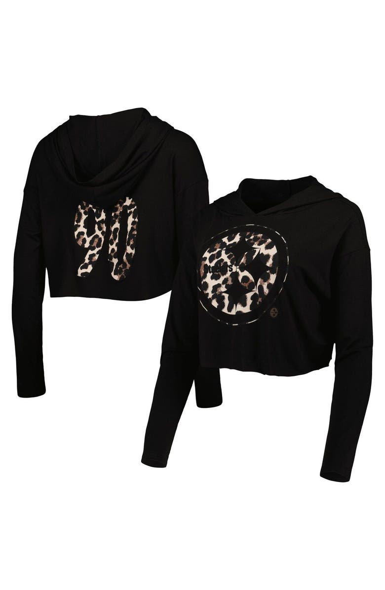 Majestic Threads Women's Majestic Threads T.J. Watt Black Pittsburgh Steelers Leopard Player Name & Number Long Sleeve Cropped Hoodie, Main, color, Black