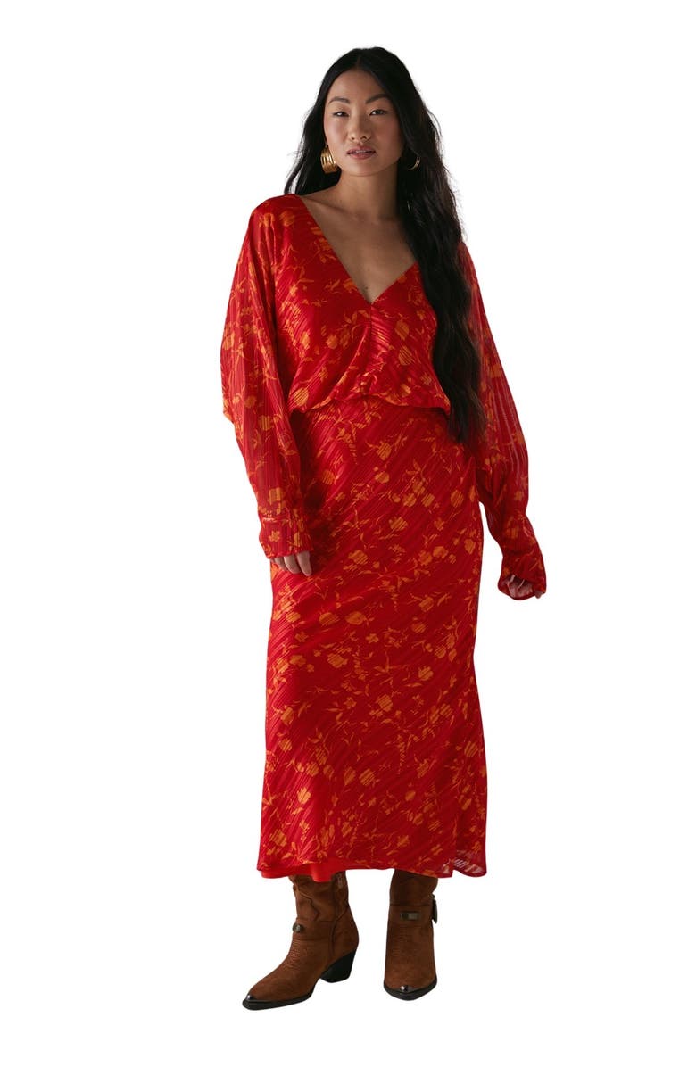 Warehouse Petite Shadow Stripe Neck Midi Dress, Main, color, Red