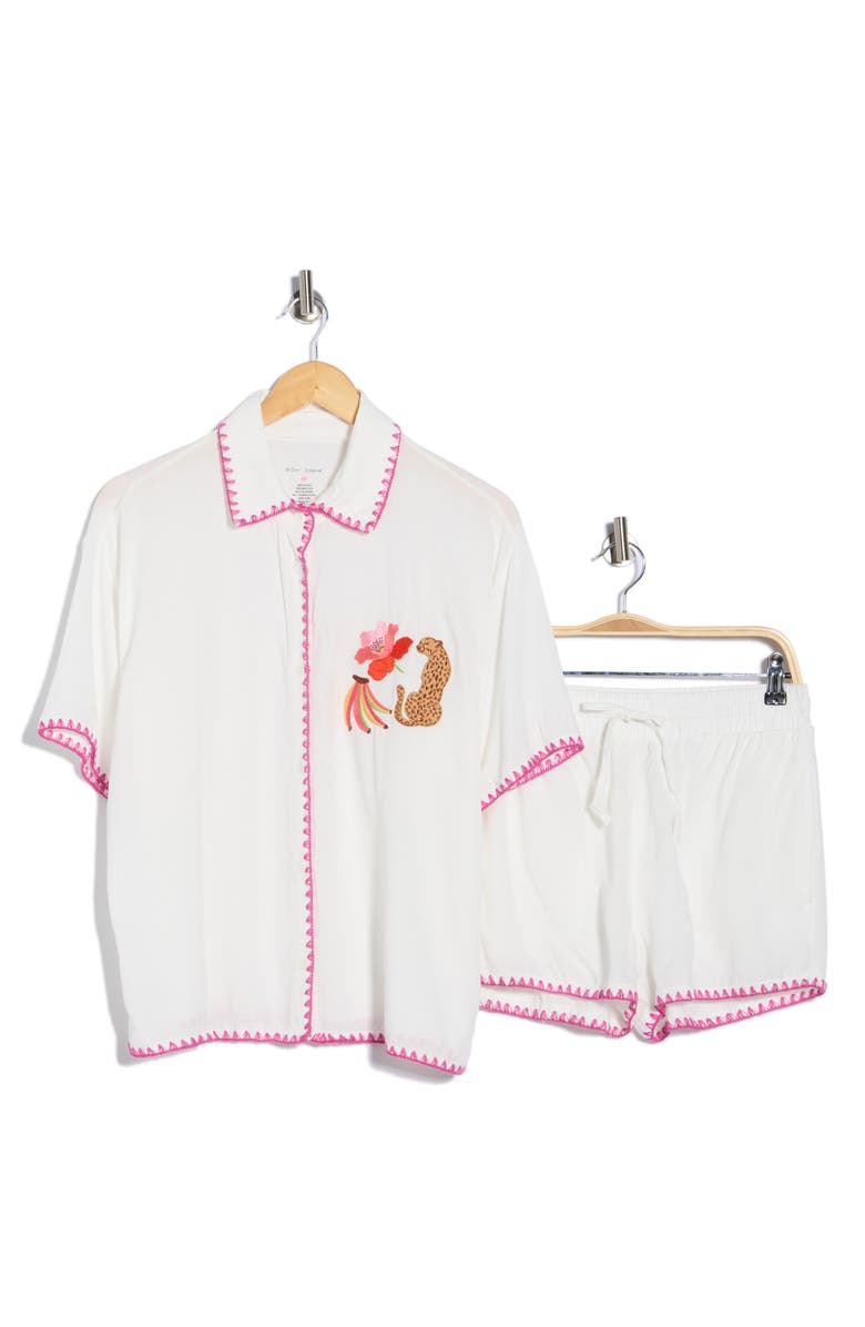 Betsey Johnson Blanket Stitch Embroidered Cabana Button-Up Shirt & Shorts Cover-Up Set, Main, color, Sand