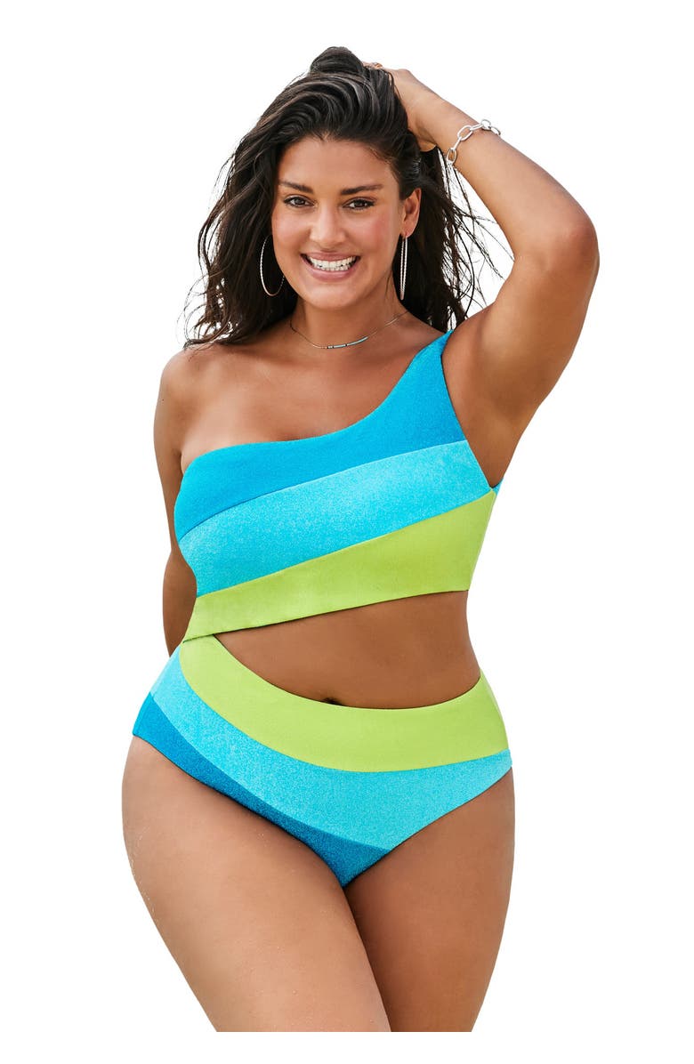 Swimsuits for All One Shoulder Color Block Cutout One Piece Swimsuit, Main, color, Cool Sparkle