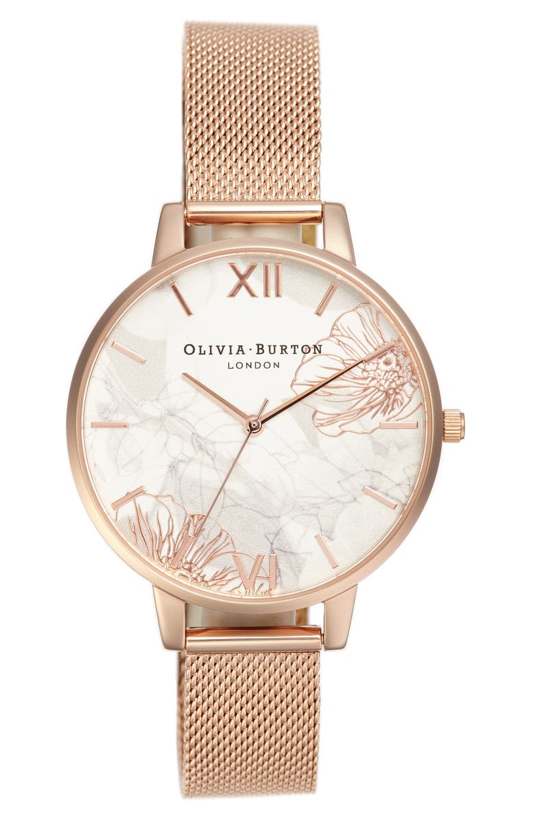 Olivia Burton Oliva Burton Abstract Florals Mesh Bracelet Watch, 38mm, Main, color,