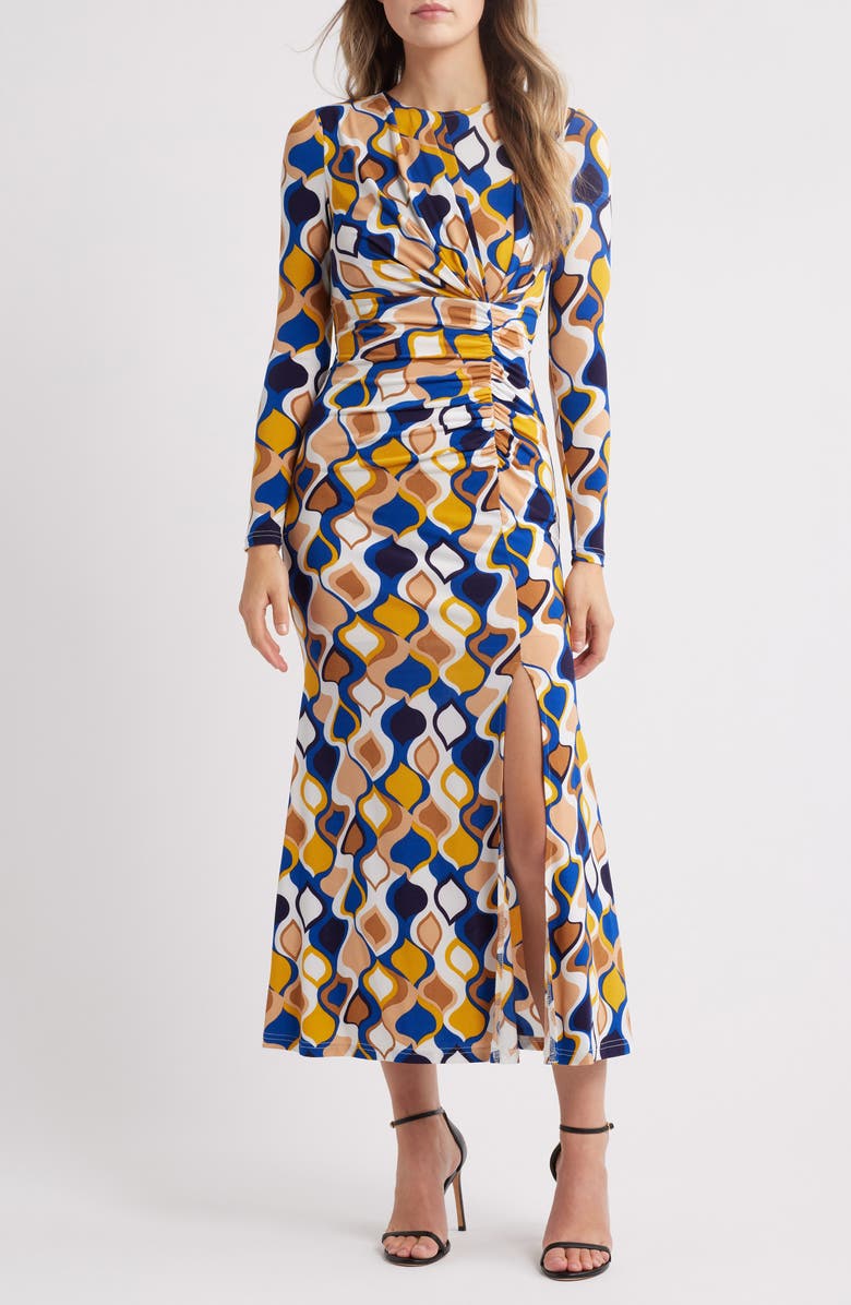 NIKKI LUND Astrid Geo Print Long Sleeve Maxi Dress, Main, color, Yellow Multi