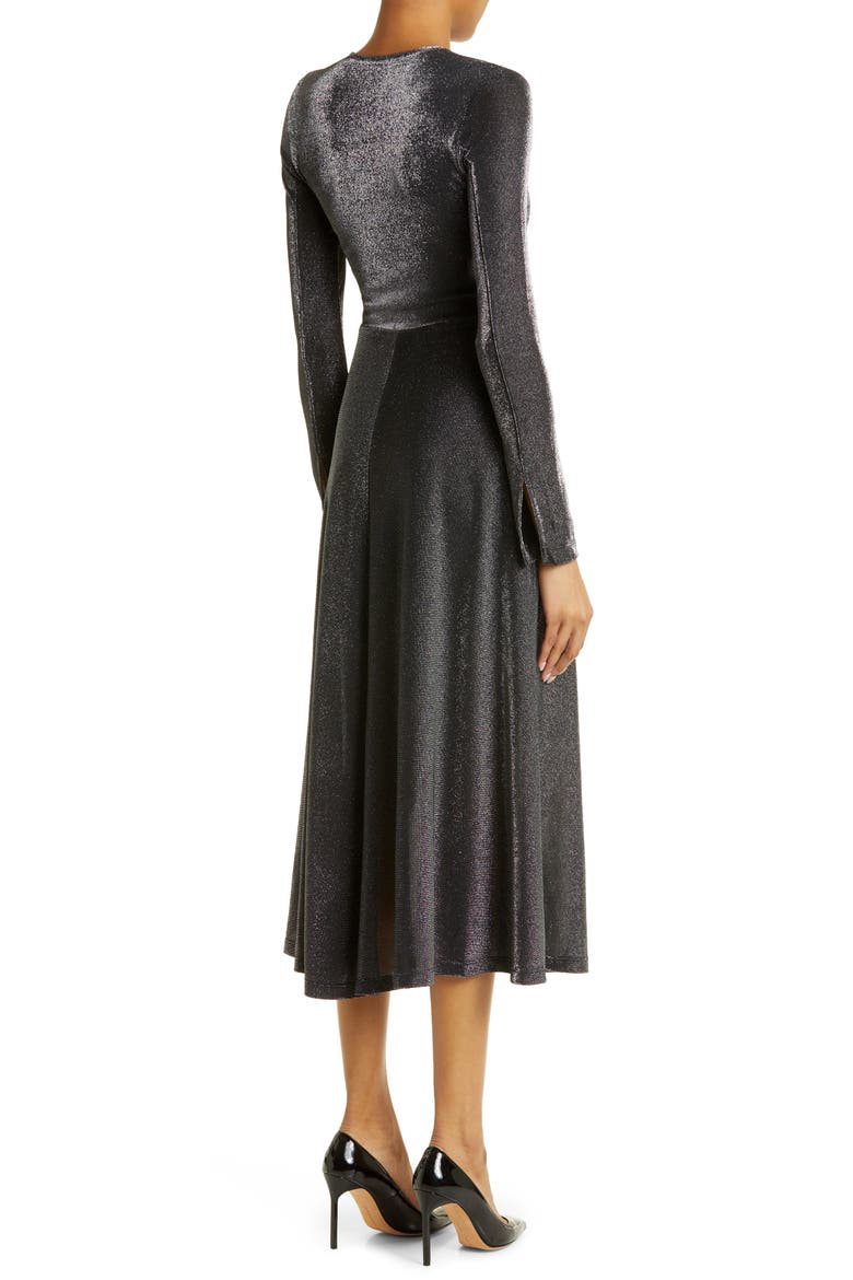 Long Sleeve Metallic Jersey Midi Dress, Alternate, color, BLACK