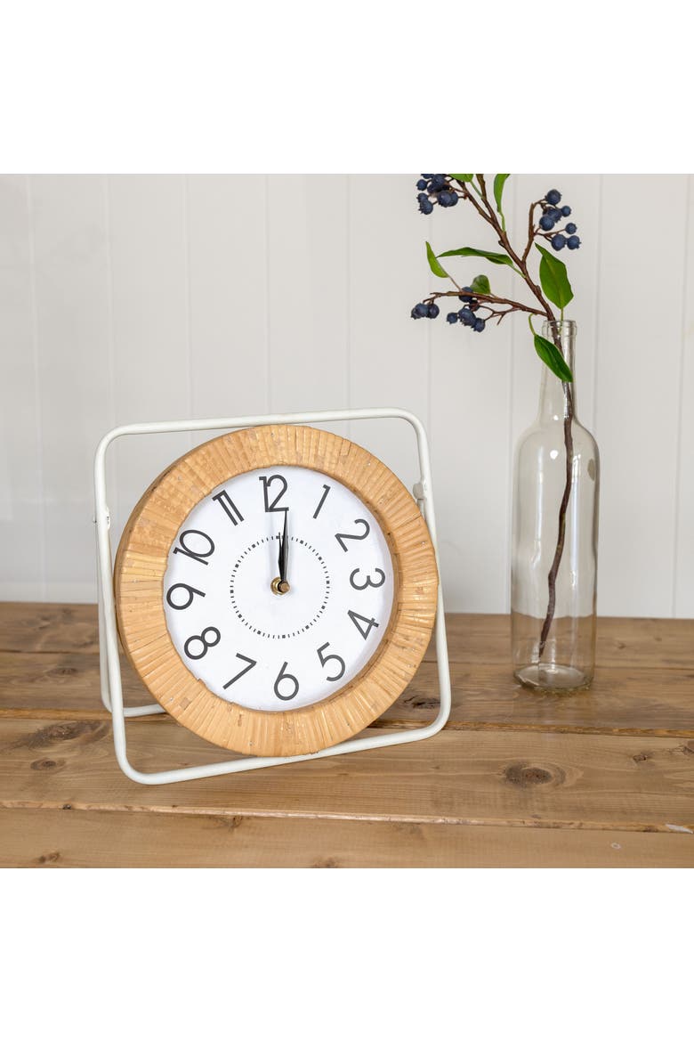 Tabletop Clock White Metal MDF & Rattan, Alternate, color, White