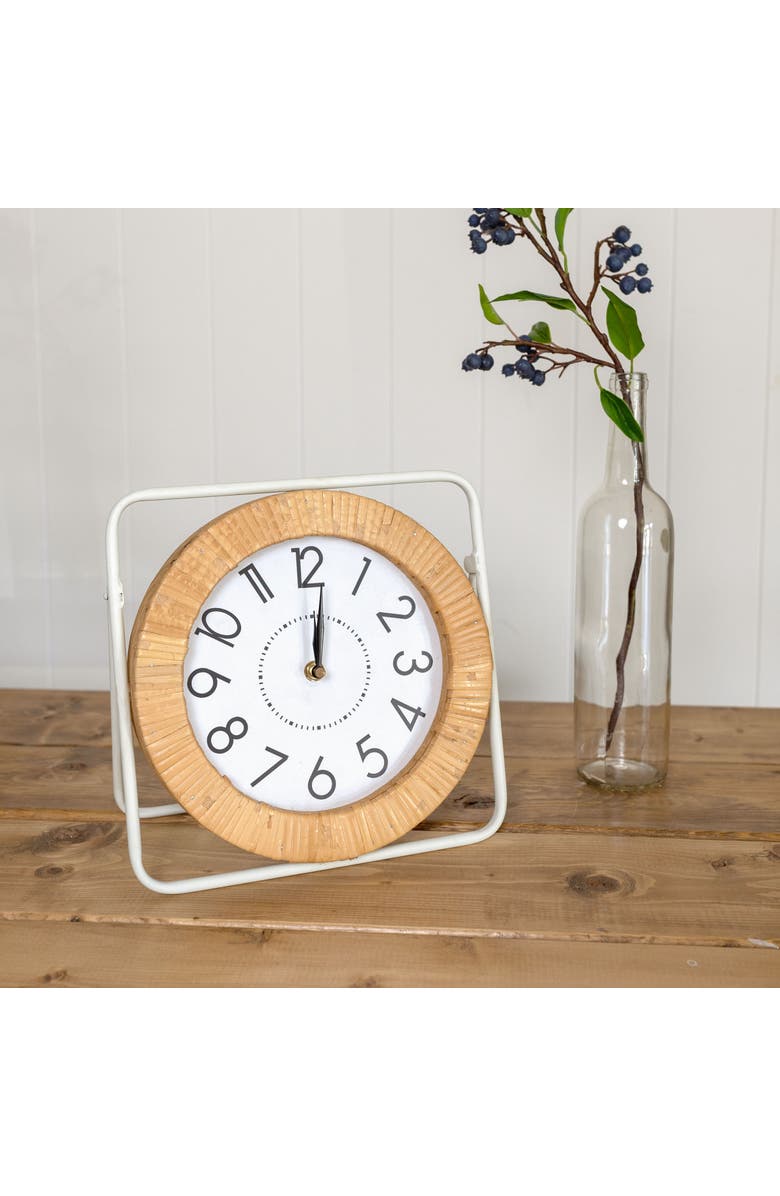 Foreside Home and Garden Tabletop Clock White Metal MDF & Rattan, Alternate, color, White