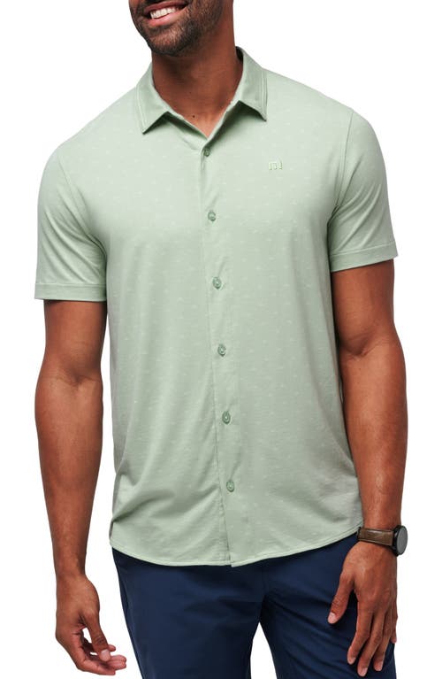 TravisMathew Set a Course Geo Print Knit Short Sleeve Button-Up Shirt in Jadeite 